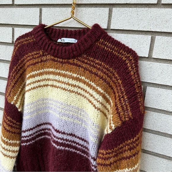 Zara Stripe Knit Sweater Balloon Sleeve Wool Alpaca Burgundy Rust Lavender Cream - Picture 4 of 11